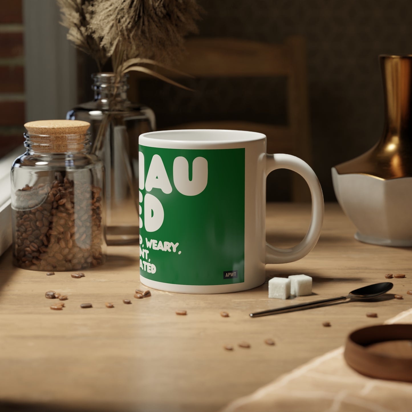 Exhausted in Green and White Jumbo Mug - The APWT Gift Shop