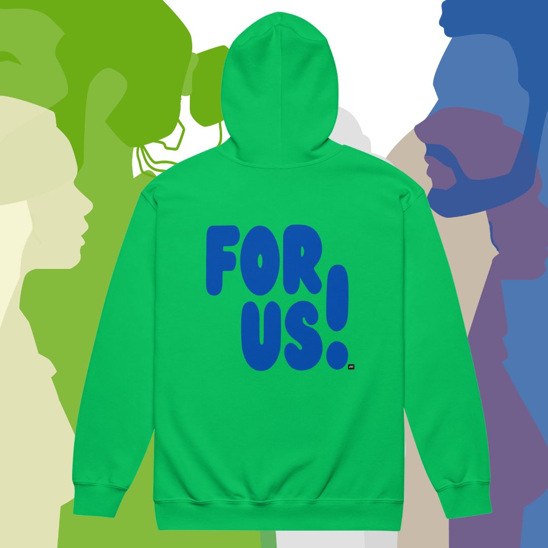 Green hoodie with 'FOR US!' text on the back against a colorful abstract background