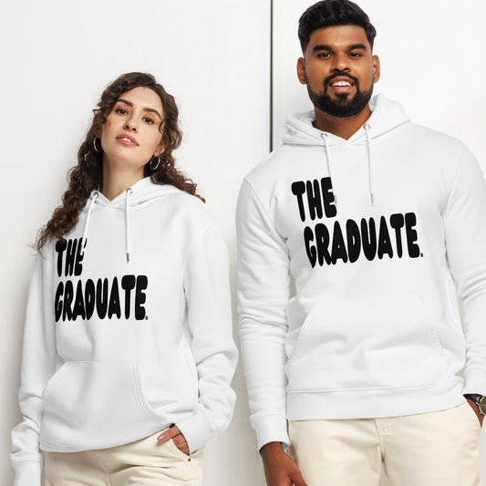 Man and Woman wearing The Graduate Premium Unisex White Hoodie from the APWT Gift Shop