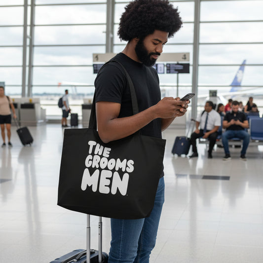 Man holding The Groomsmen Jumbo Black Tote Bag from the APWT Gift Shop