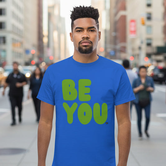Man wearing Be You in Blue and Green Unisex T-Shirt from the APWT Gift Shop