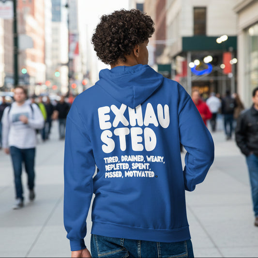 Man wearing Exhausted in Blue Unisex Zip-Up Hoodie from the APWT Gift Shop