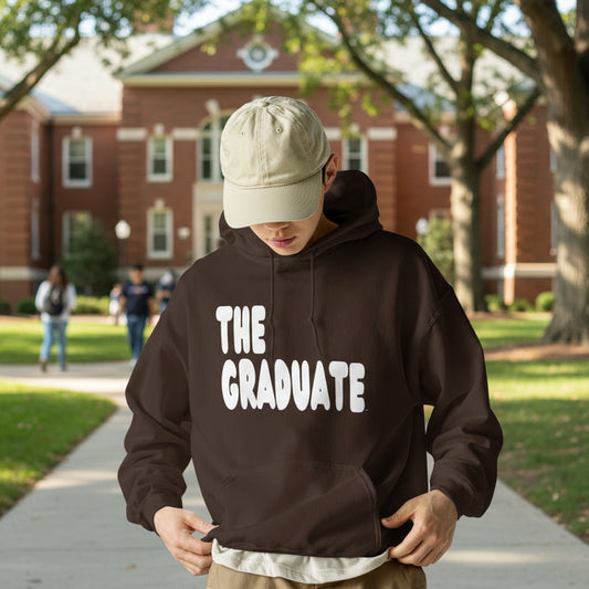 Man wearing The Graduate Unisex Hoodie in Brown from the APWT Gift Shop
