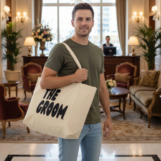 Man wearing The Groom Jumbo Tote Bag from the APWT Gift Shop