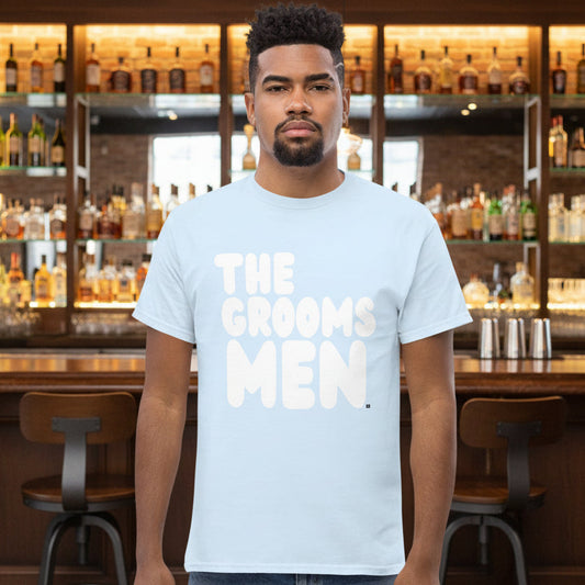 Man wearing the Groomsmen Unisex T-Shirt in Light Blue