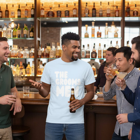 Man wearing the Groomsmen Unisex T-Shirt in Light Blue