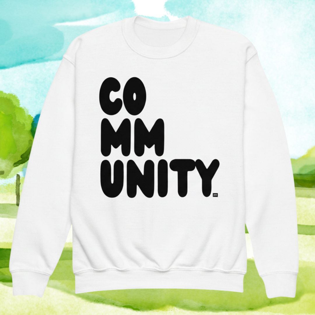 Community Kids in Black and White Unisex Crew Neck White Sweatshirt