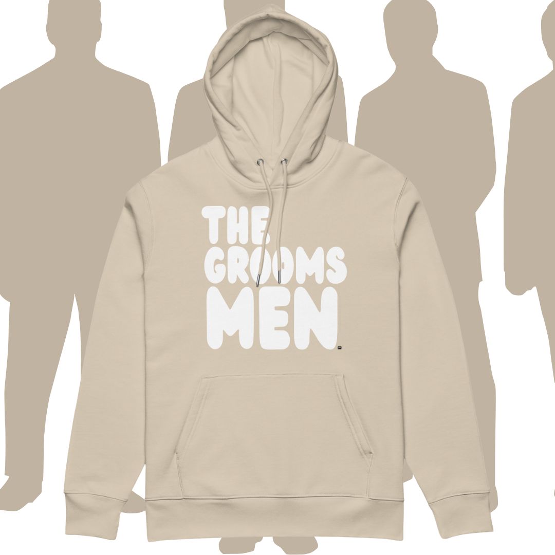 Beige hoodie with 'THE GROOMSMEN' text on a white background