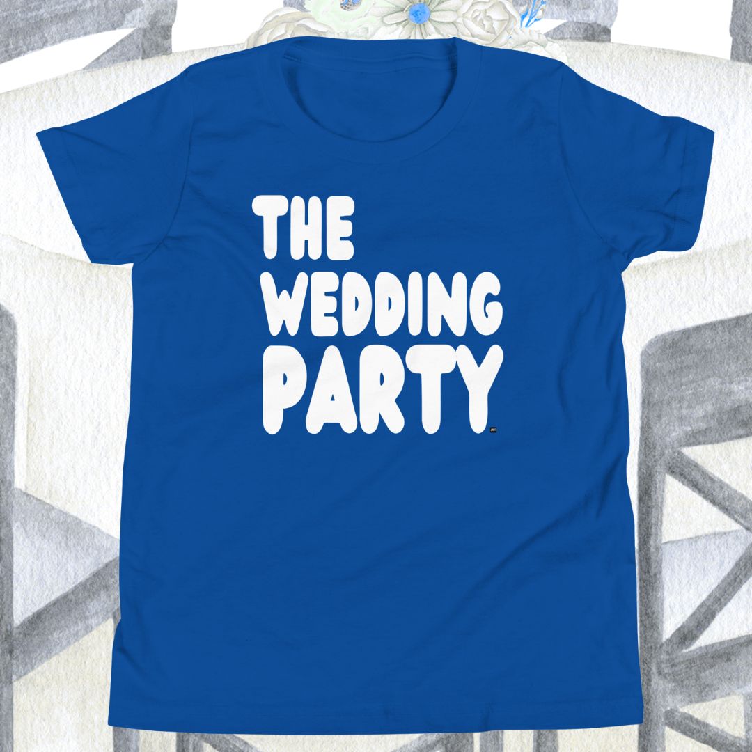 Blue t-shirt with 'THE WEDDING PARTY' text on a white background