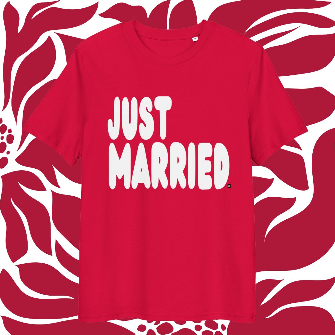 Red t-shirt with 'JUST MARRIED' text on a red and white patterned background