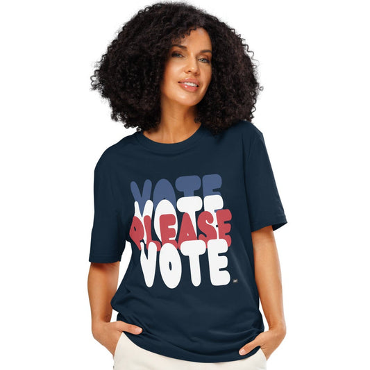 Woman wearing Please Vote Unisex T-Shirt in Navy Blue