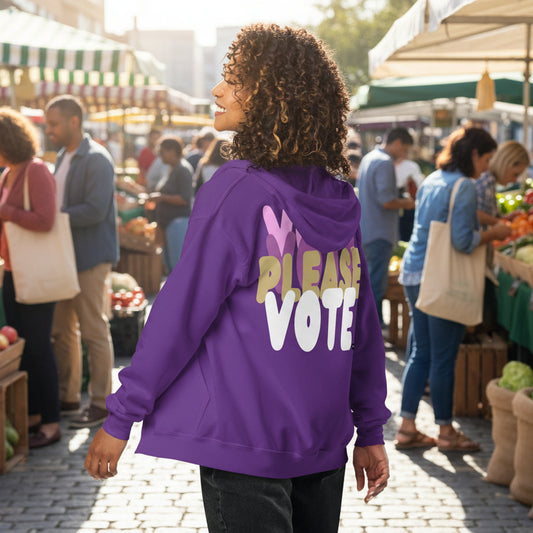 Woman wearing Please Vote in Purple States Unisex Zip-Up Hoodie from the APWT Gift Shop