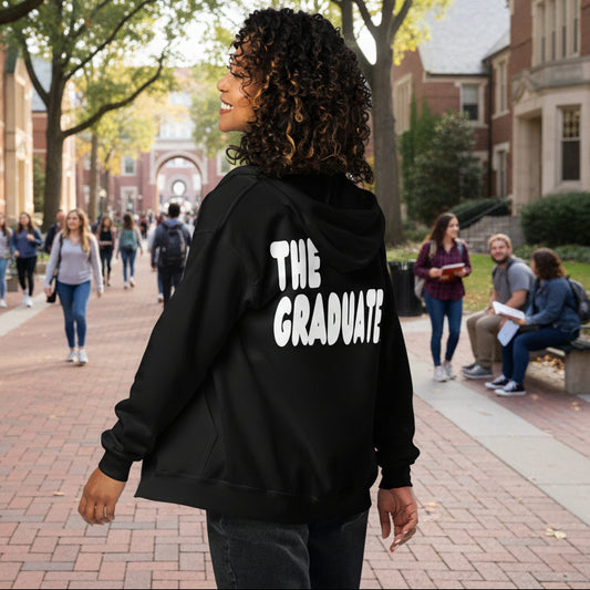 Woman wearing The Graduate Unisex Zip-Up Hoodie from the APWT Gift Shop in Black