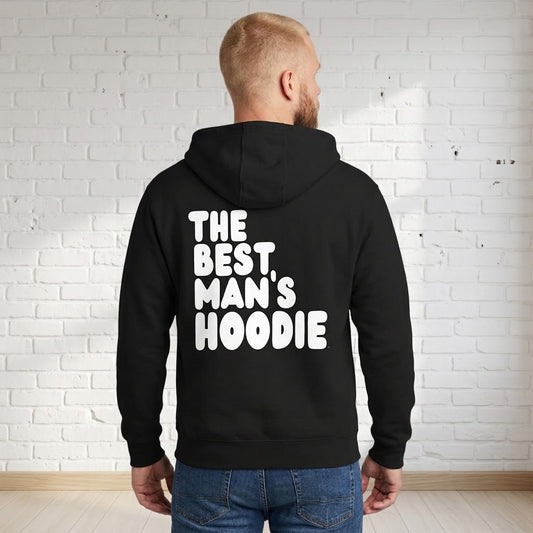 Man wearing The APWT Gift Shop's Best Man's Hoodie Premium Unisex Zip-Up Hoodie from the APWT Wedding Shop and the Premium Basics Collection in Black