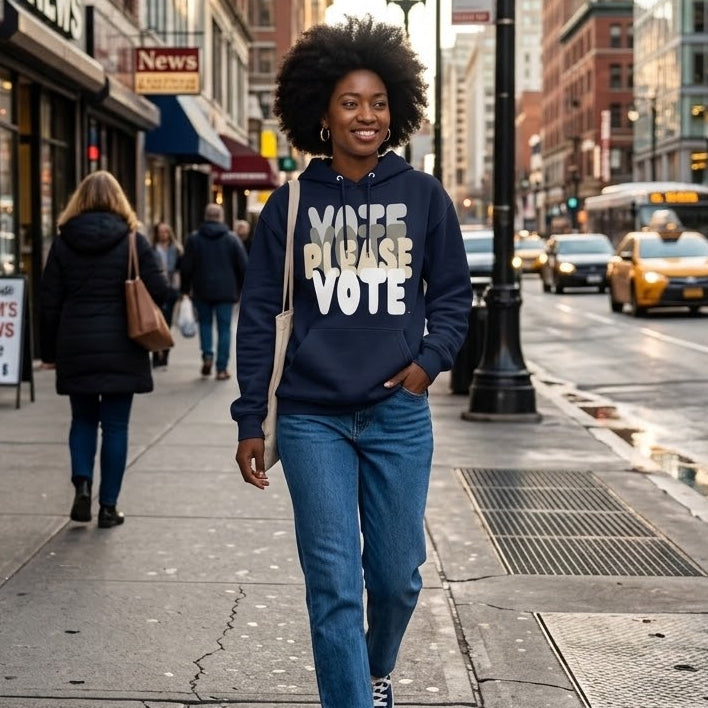 Man walking down the street wearing the APWT Gift Shop's Please Vote in Black and White Premium Unisex Hoodie from the APWT Vote Shop and the Premium Basics Collection in navy blue