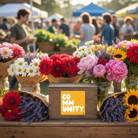 A Community in Sunflower Yellow Vinyl Sticker stuck to a wooden box next to flowers at a farmer's market