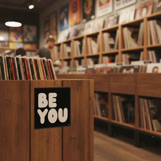 The APWT Gift Shop's Be You in Black and White Vinyl Sticker from the Be You Collection stuck to the side of crate holding records in a record shop