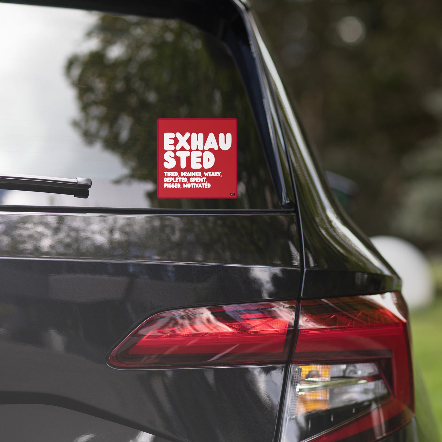 Exhausted in Red and White Vinyl Sticker