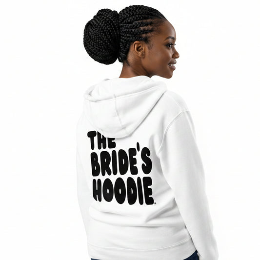 Woman wearing The Bride's Hoodie Premium Unisex Zip-Up White Hoodie