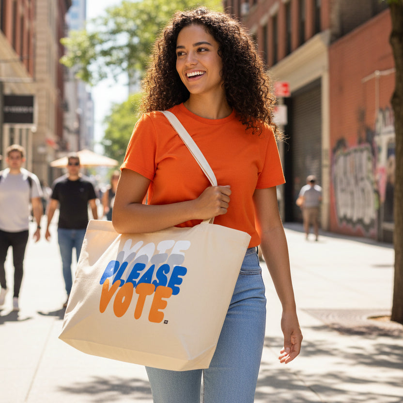 Woman wearing the APWT Gift Shop's Please Vote in Blue and Orange Jumbo Tote Bag from the APWT Vote Shop in natural