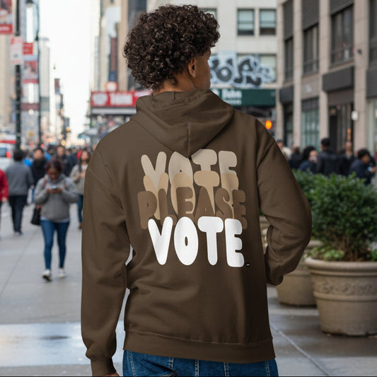 man wearing Please Vote in Brown Love Unisex Zip-Up Hoodie from the APWT Gift Shop