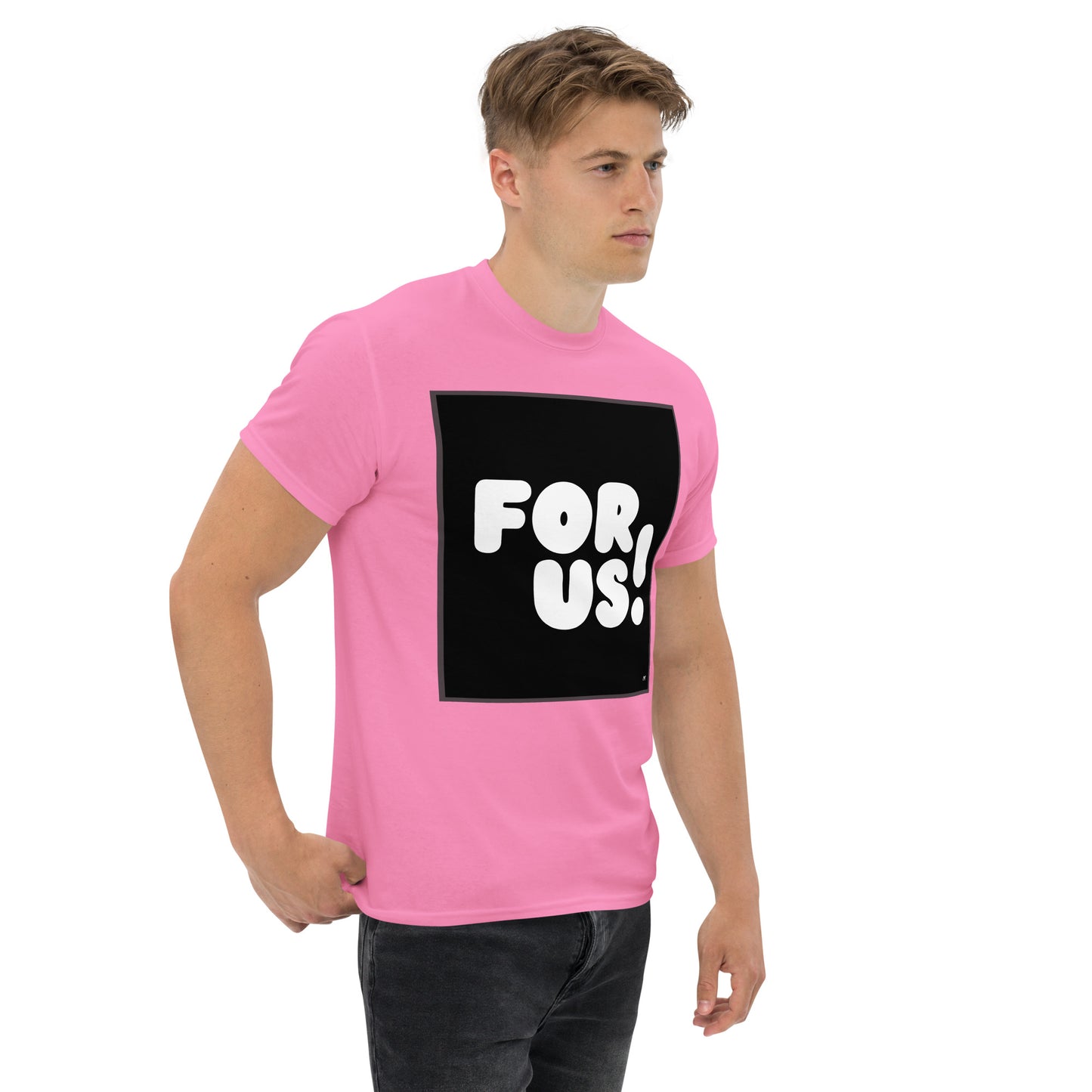 Man wearing the For Us in Black and White Unisex T-Shirt in Pink (2 of 3) - The APWT Gift Shop