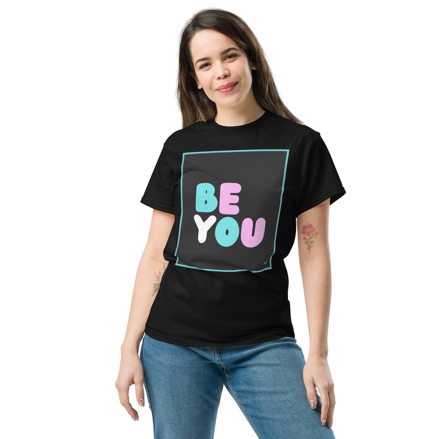 Woman wearing the Be You T Unisex T-Shirt in Black - The APWT Gift Shop