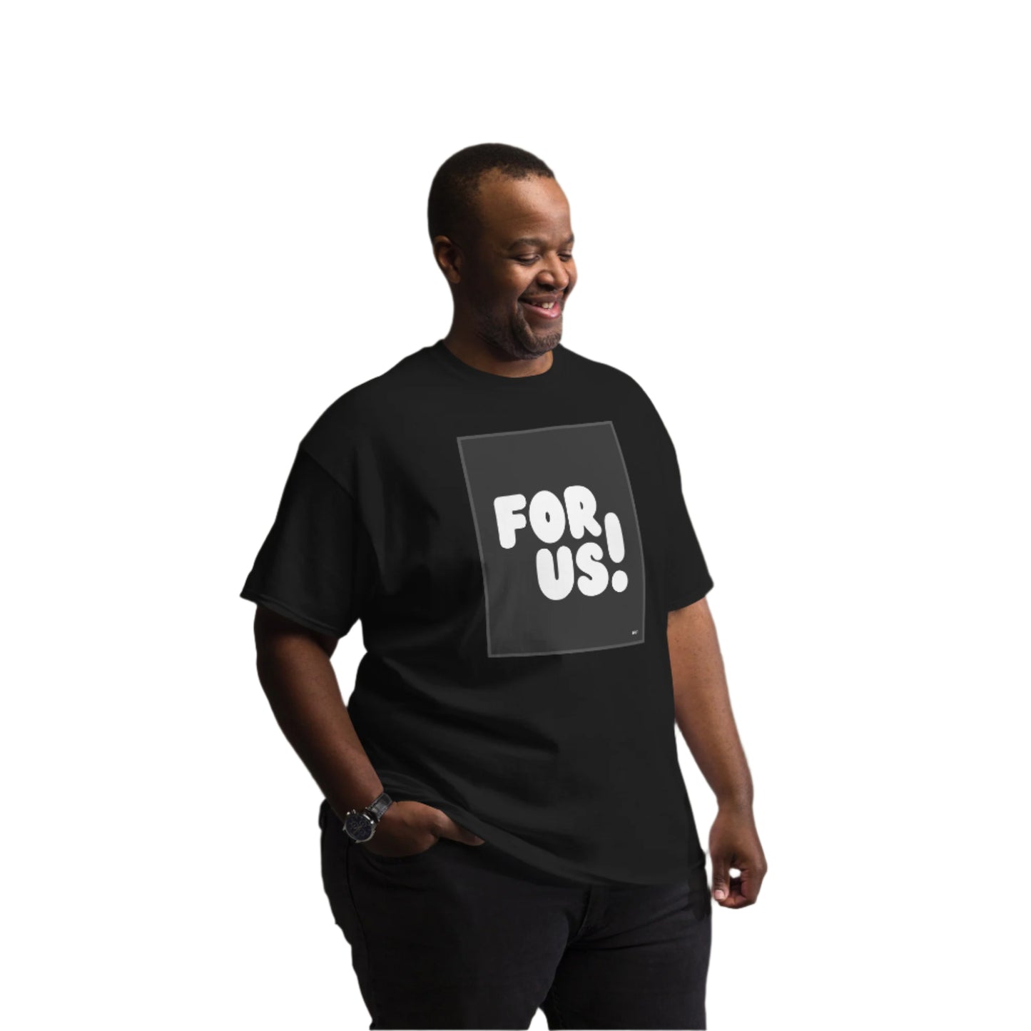 Man wearing the For Us in Black and White Unisex T-Shirt in Black (3 of 3) - The APWT Gift Shop