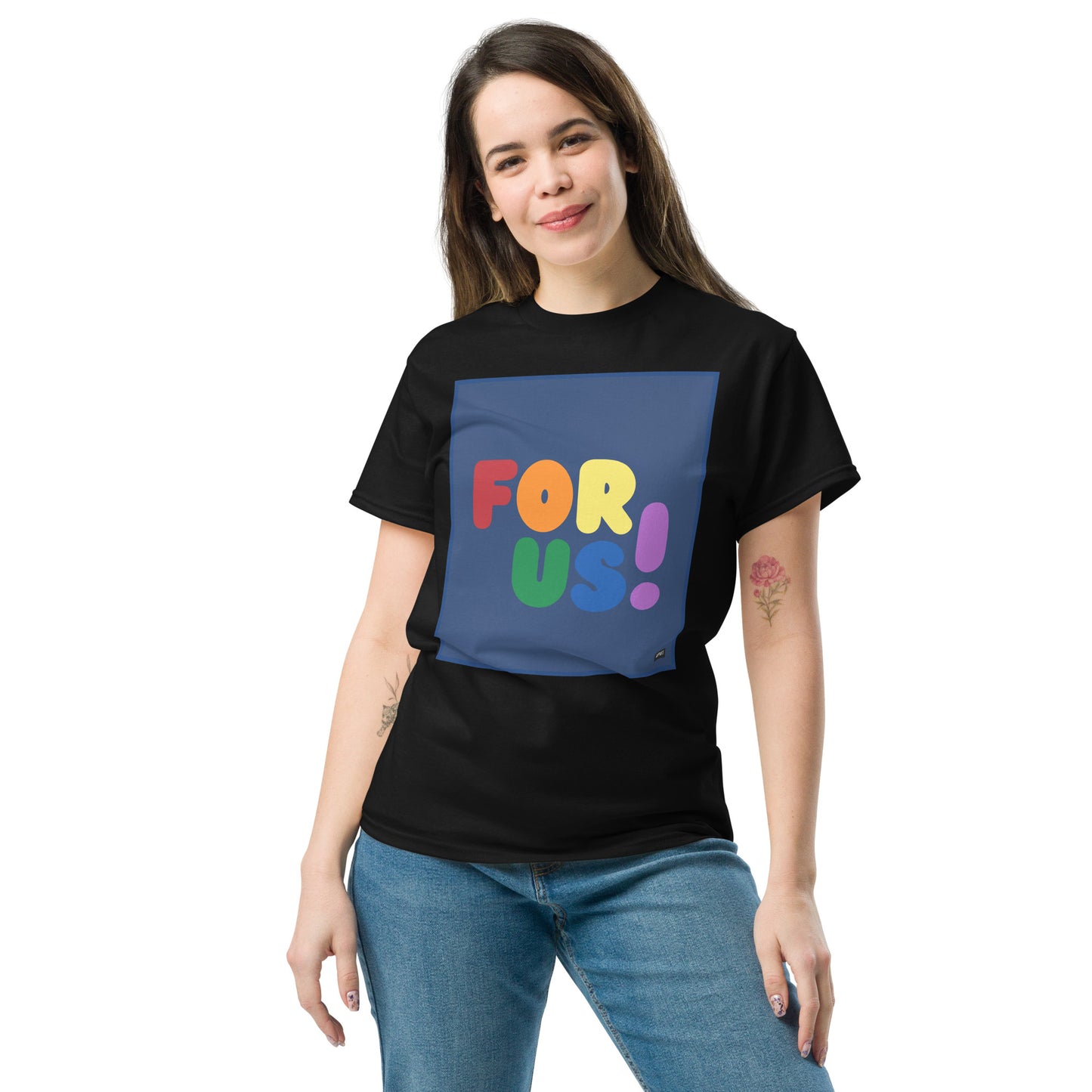 Woman wearing the Rainbow For Us Unisex T-Shirt in Black - The APWT Gift Shop