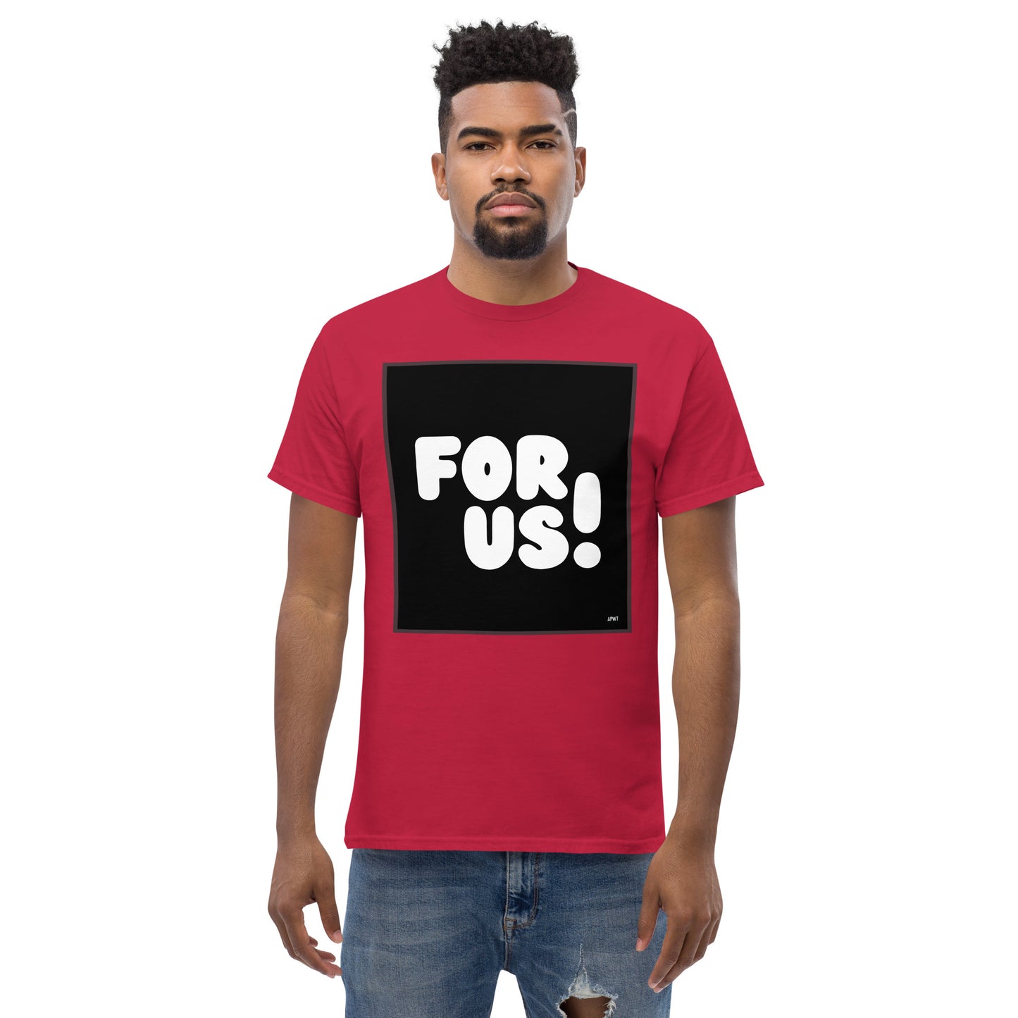 Man wearing the For Us in Black and White Unisex T-Shirt in Red - The APWT Gift Shop