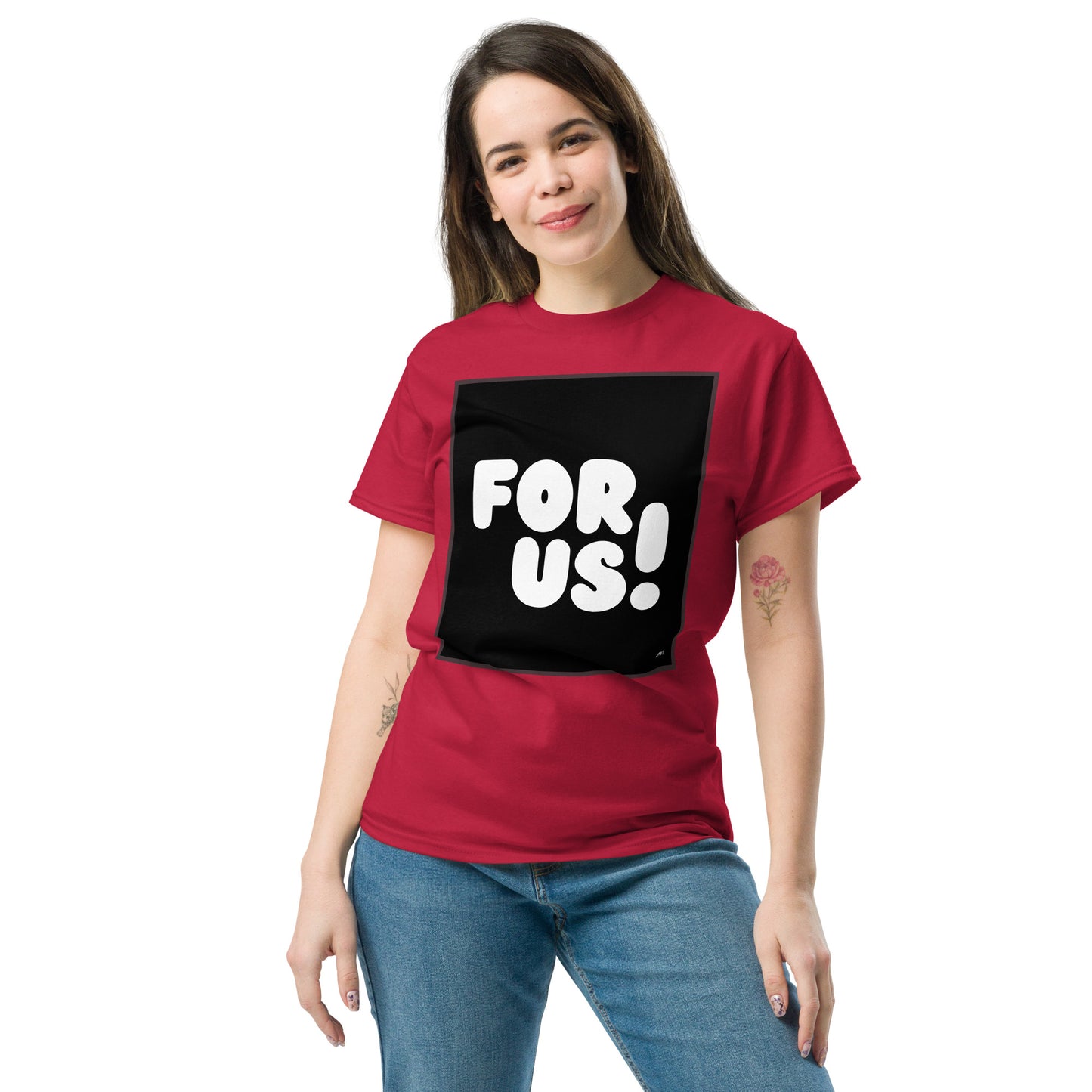 Woman wearing the For Us in Black and White Unisex T-Shirt in Red - The APWT Gift Shop