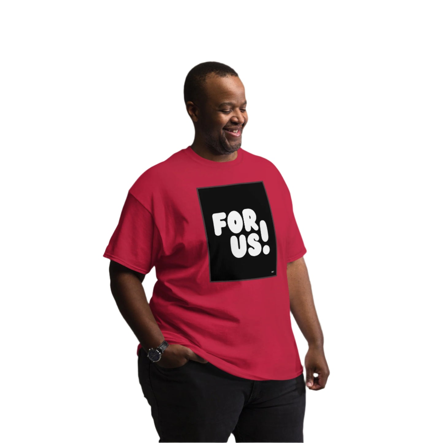 Man wearing the For Us in Black and White Unisex T-Shirt in Red (3 of 3) - The APWT Gift Shop