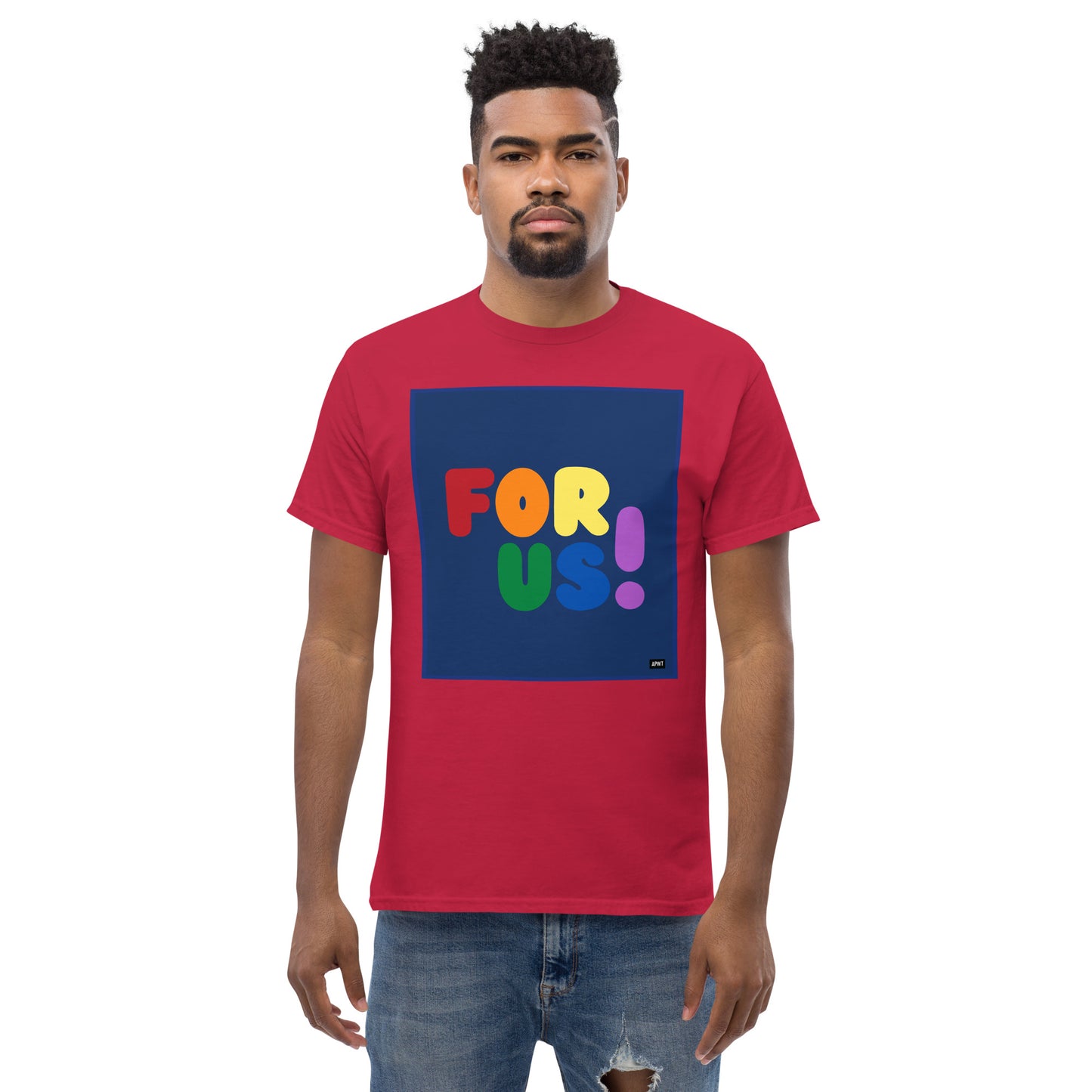 Man wearing the Rainbow For Us Unisex T-Shirt in Red - The APWT Gift Shop