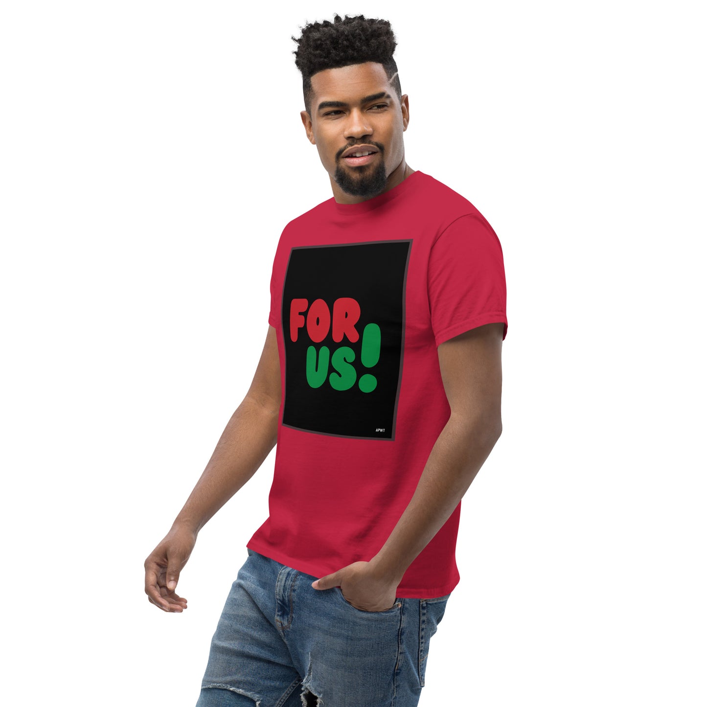 Man wearing the For Us in Black Unisex T-Shirt in Red (3 of 3) - The APWT Gift Shop