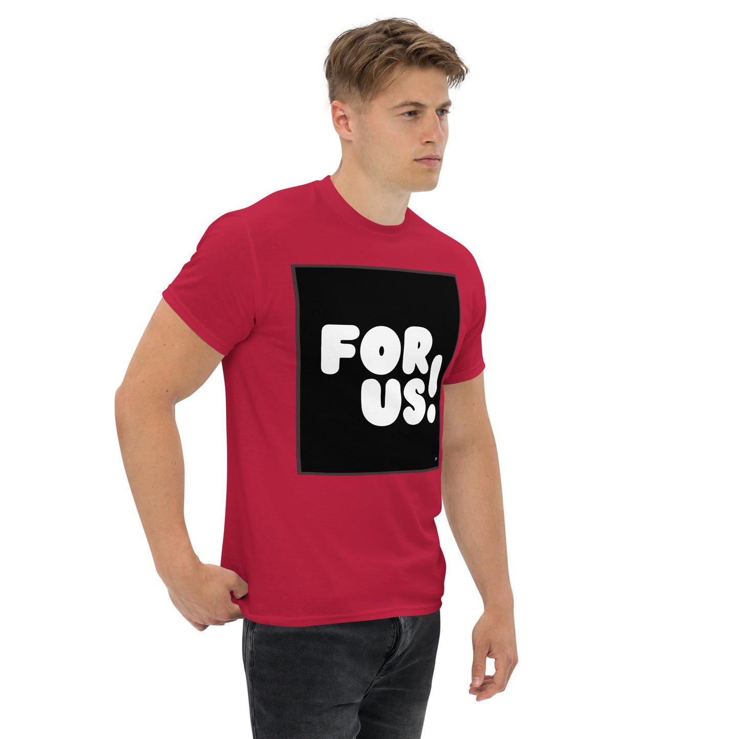 Man wearing the For Us in Black and White Unisex T-Shirt in Red (2 of 2) - The APWT Gift Shop