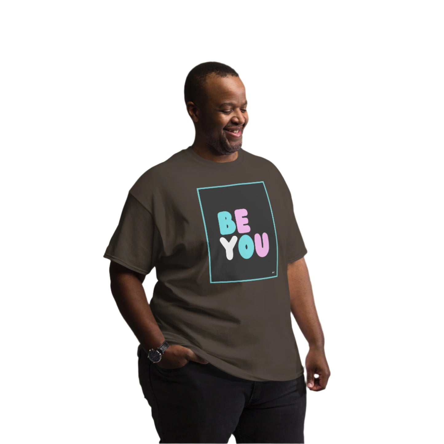 Man wearing the Be You T Unisex T-Shirt in Brown (2 of 3) - The APWT Gift Shop