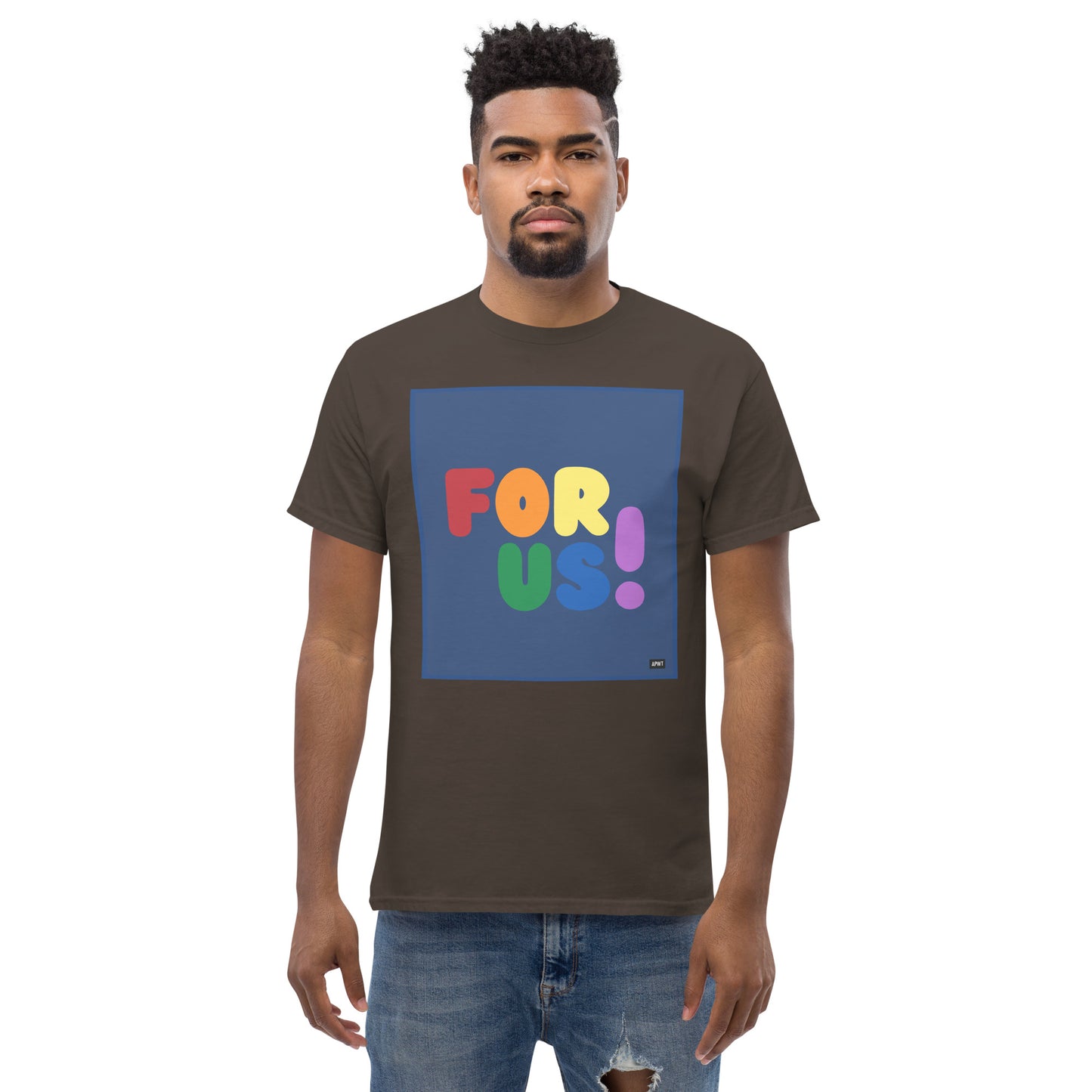 Man wearing the Rainbow For Us Unisex T-Shirt in Brown - The APWT Gift Shop