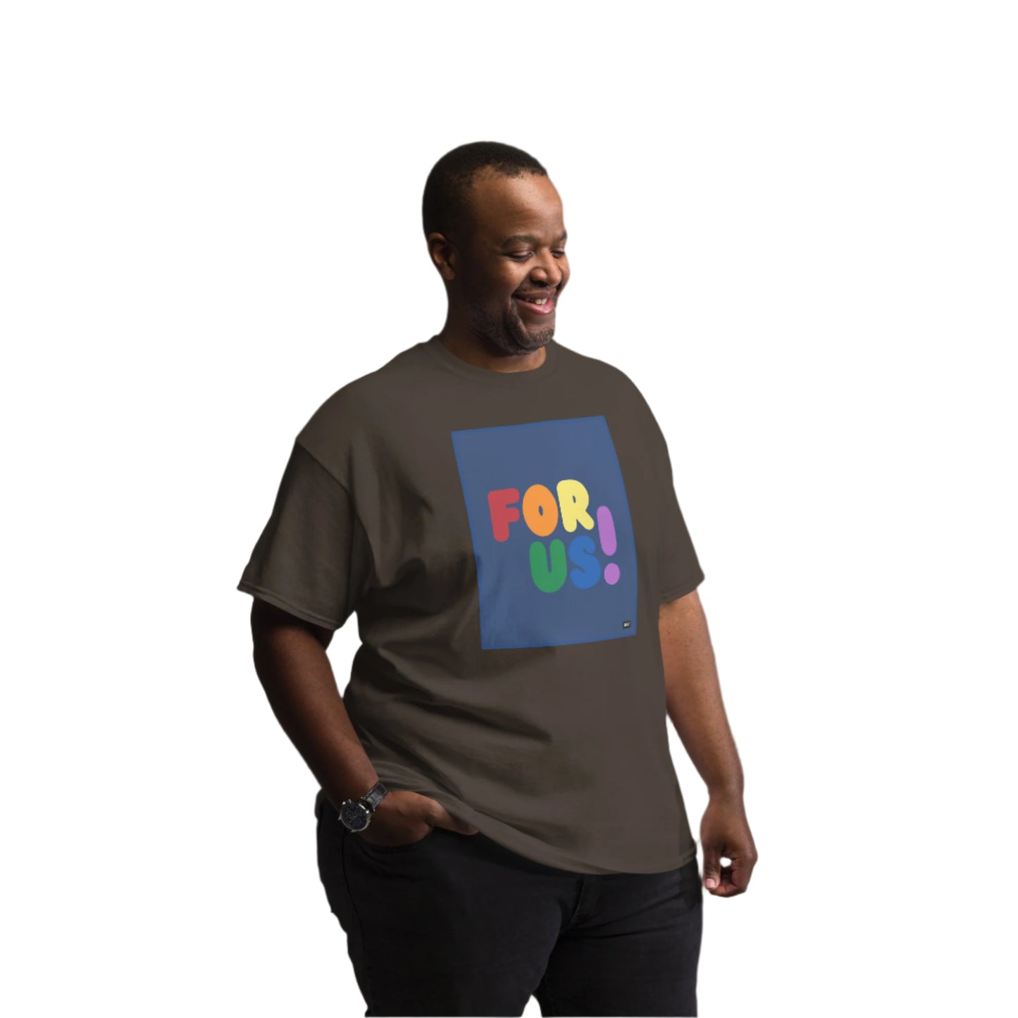 Man wearing the Rainbow For Us Unisex T-Shirt in Brown (3 of 3) - The APWT Gift Shop