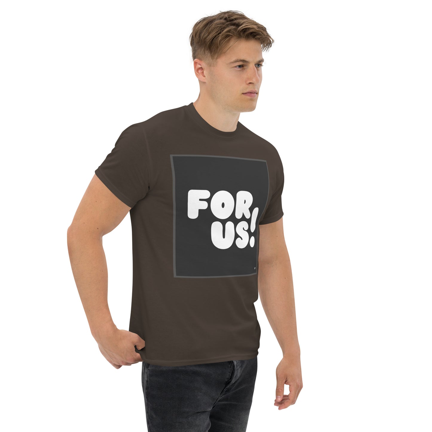 Man wearing the For Us in Black and White Unisex T-Shirt in Brown (2 of 3) - The APWT Gift Shop