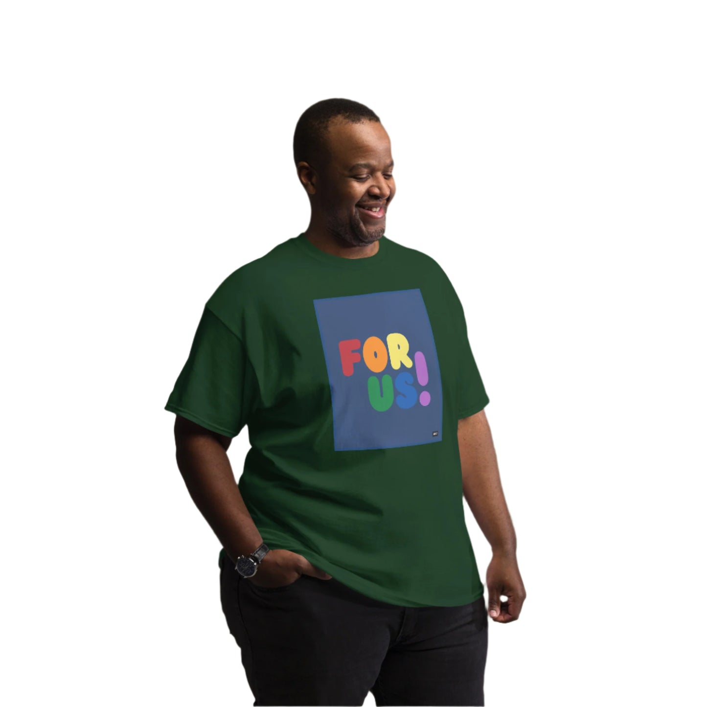 Man wearing the Rainbow For Us Unisex T-Shirt in Forest Green (3 of 3) - The APWT Gift Shop