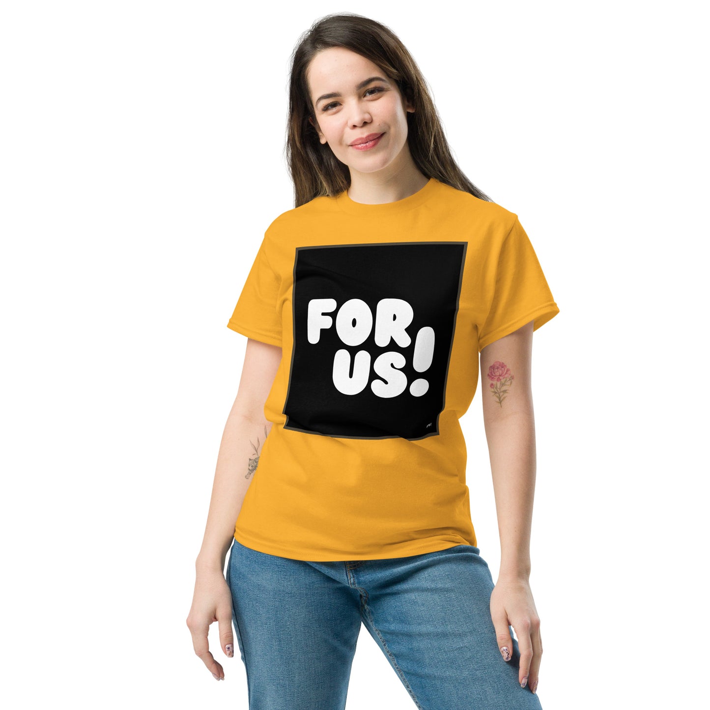 Woman wearing the For Us in Black and White Unisex T-Shirt in Gold/Yellow - The APWT Gift Shop