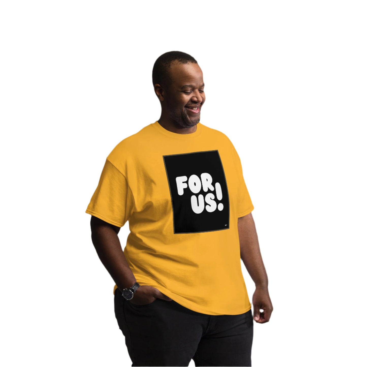 Man wearing the For Us in Black and White Unisex T-Shirt in Gold/Yellow (3 of 3) - The APWT Gift Shop