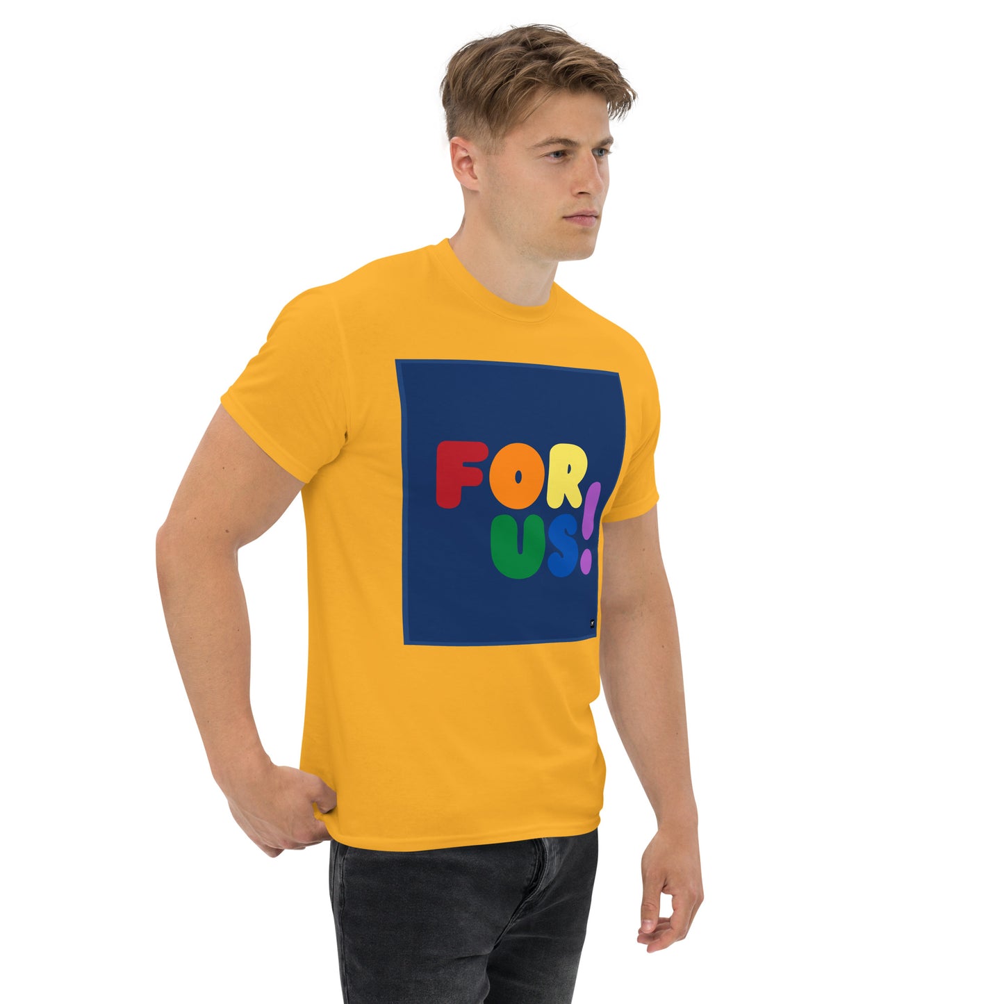 Man wearing the Rainbow For Us Unisex T-Shirt in Gold/Yellow (2 of 3) - The APWT Gift Shop