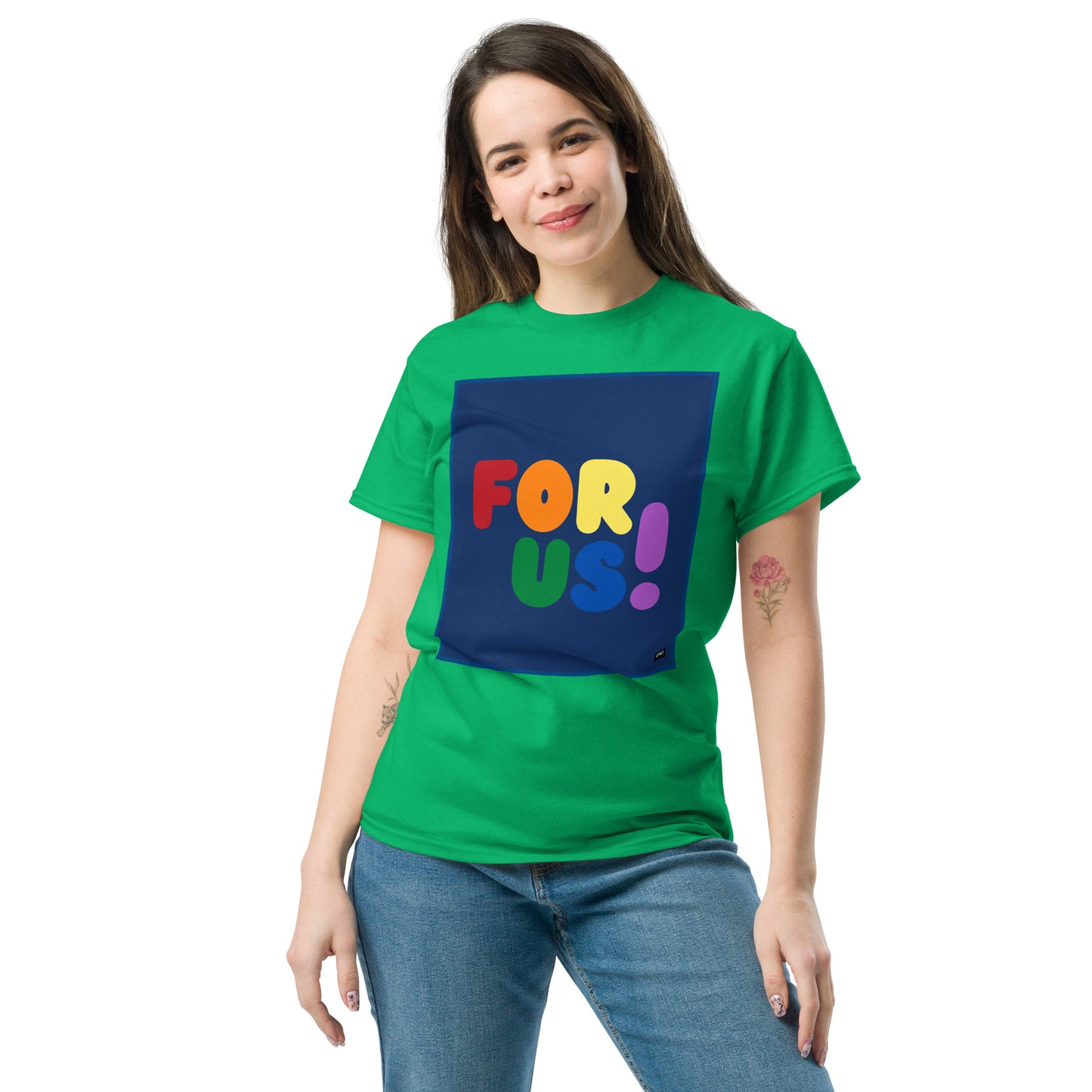 Woman wearing the Rainbow For Us Unisex T-Shirt in Irish Green - The APWT Gift Shop