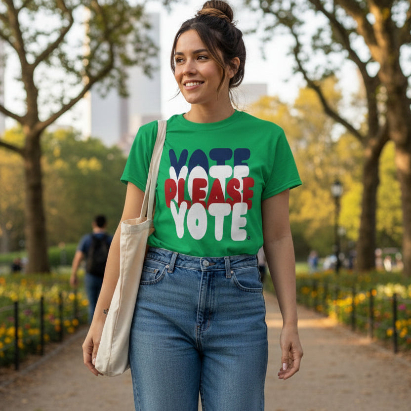 Woman wearing the APWT Gift Shop's Please Vote Unisex T-Shirt from the APWT Vote Shop in Green