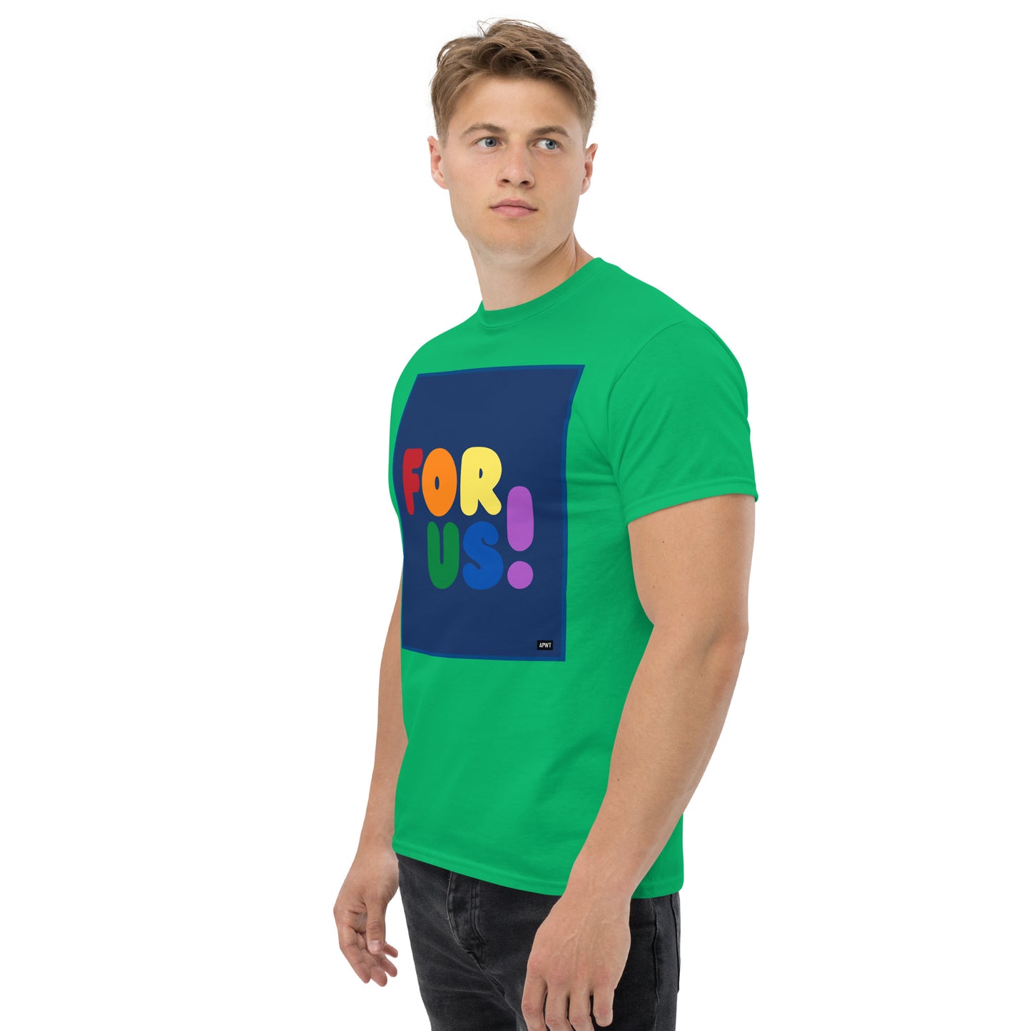 Man wearing the Rainbow For Us Unisex T-Shirt in Irish Green (2 of 3) - The APWT Gift Shop