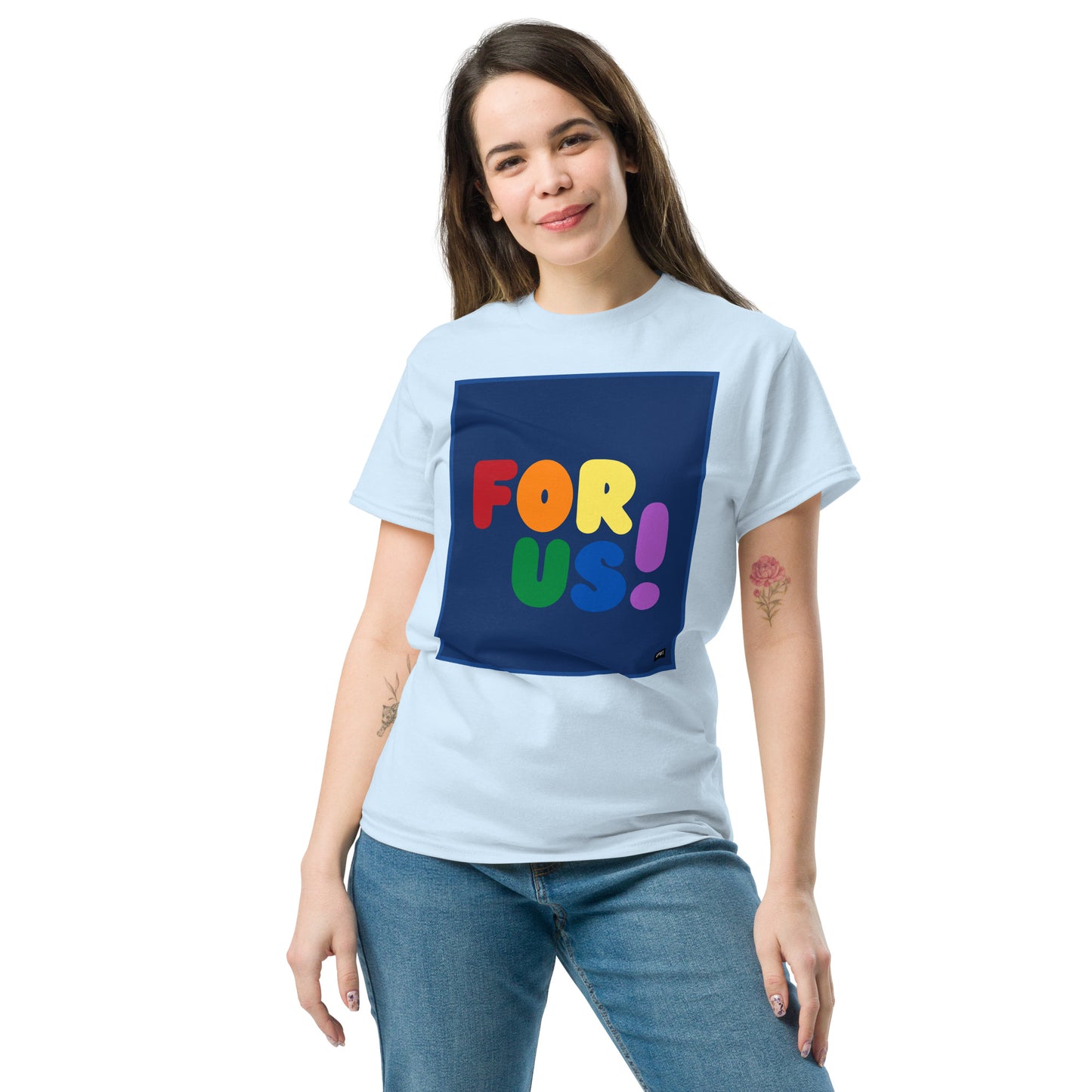 Woman wearing the Rainbow For Us Unisex T-Shirt in Light Blue - The APWT Gift Shop