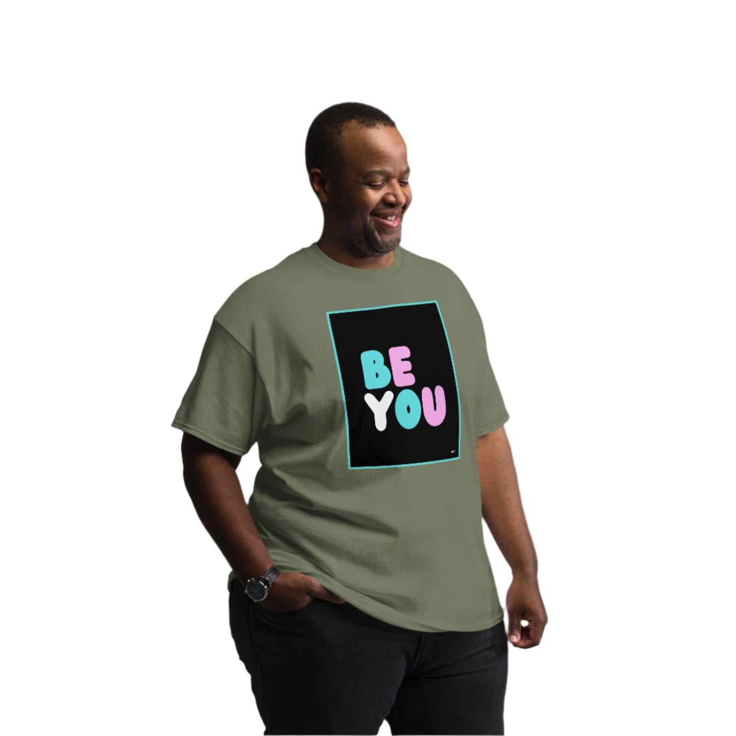 Man wearing the Be You T Unisex T-Shirt in Military/Army Green (2 of 3) - The APWT Gift Shop