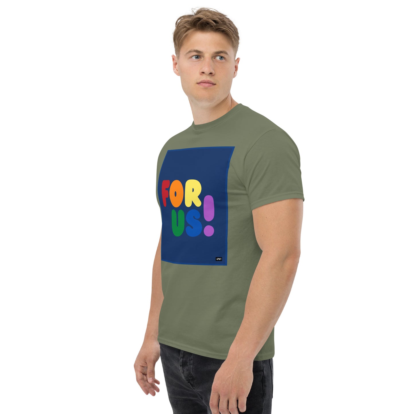 Man wearing the Rainbow For Us Unisex T-Shirt in Military/Army Green (2 of 3) - The APWT Gift Shop