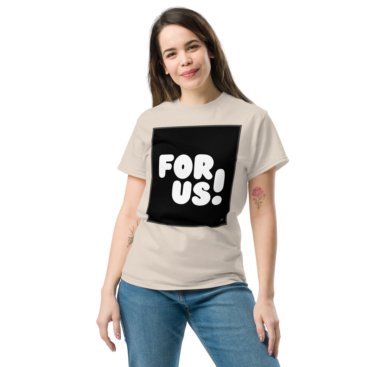 Woman wearing the For Us in Black and White Unisex T-Shirt in Natural/Off-White - The APWT Gift Shop